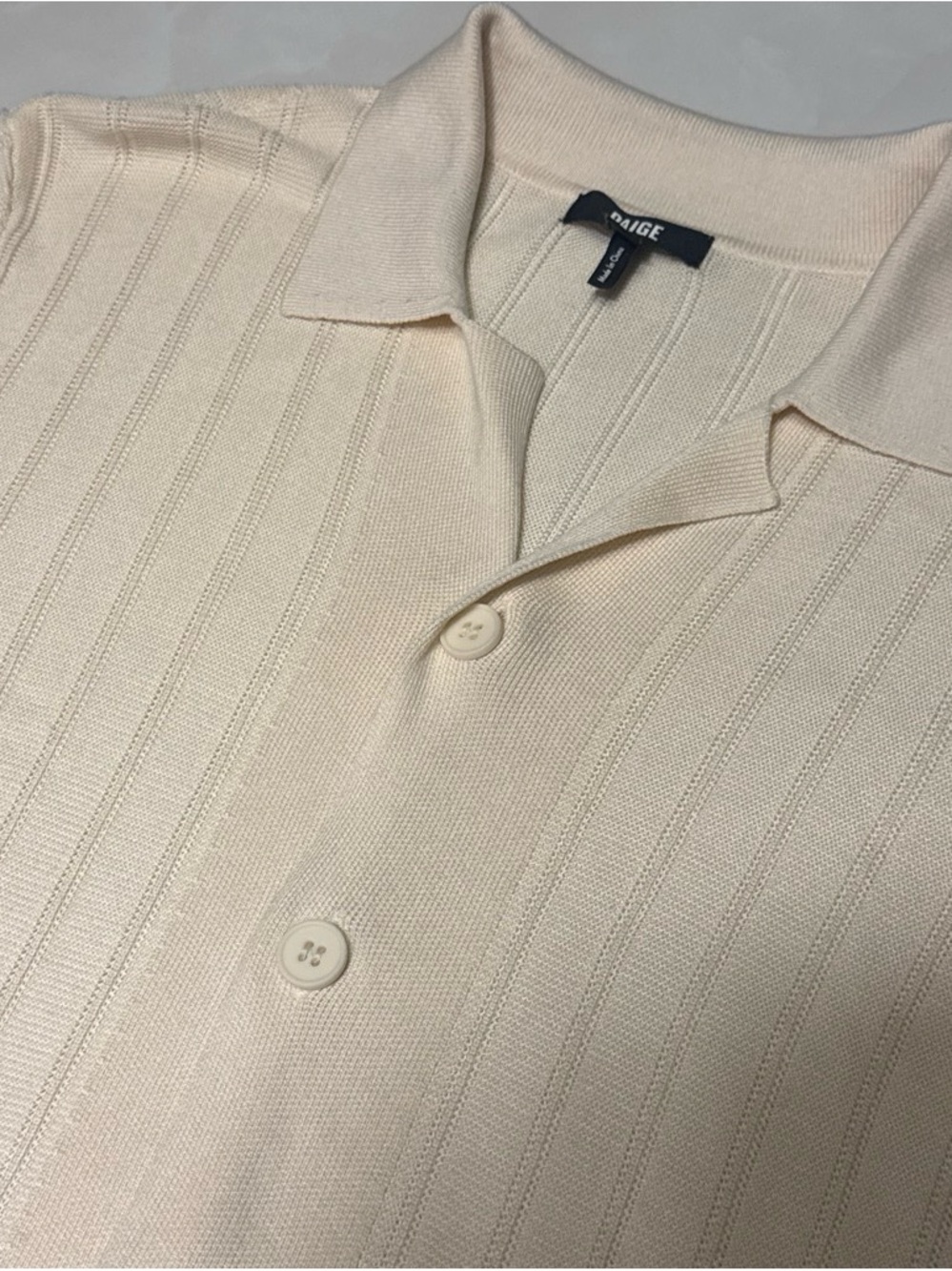 PAIGE Men’s Cream Ribbed Knit Button-Down Shirt